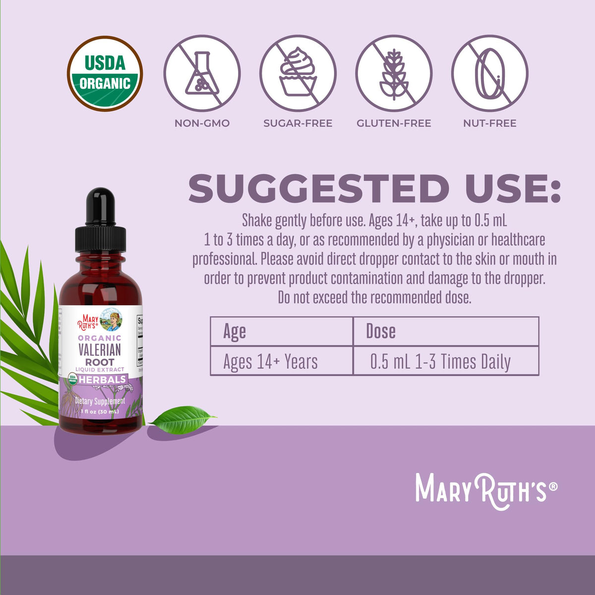 MARYRUTH'S Organics Valerian Root Liquid Drops | 2 Month Supply | Sugar Free | USDA Organic Valerian Root Drops | Support Sleep | Calm and Stress Relief MARYRUTH'S