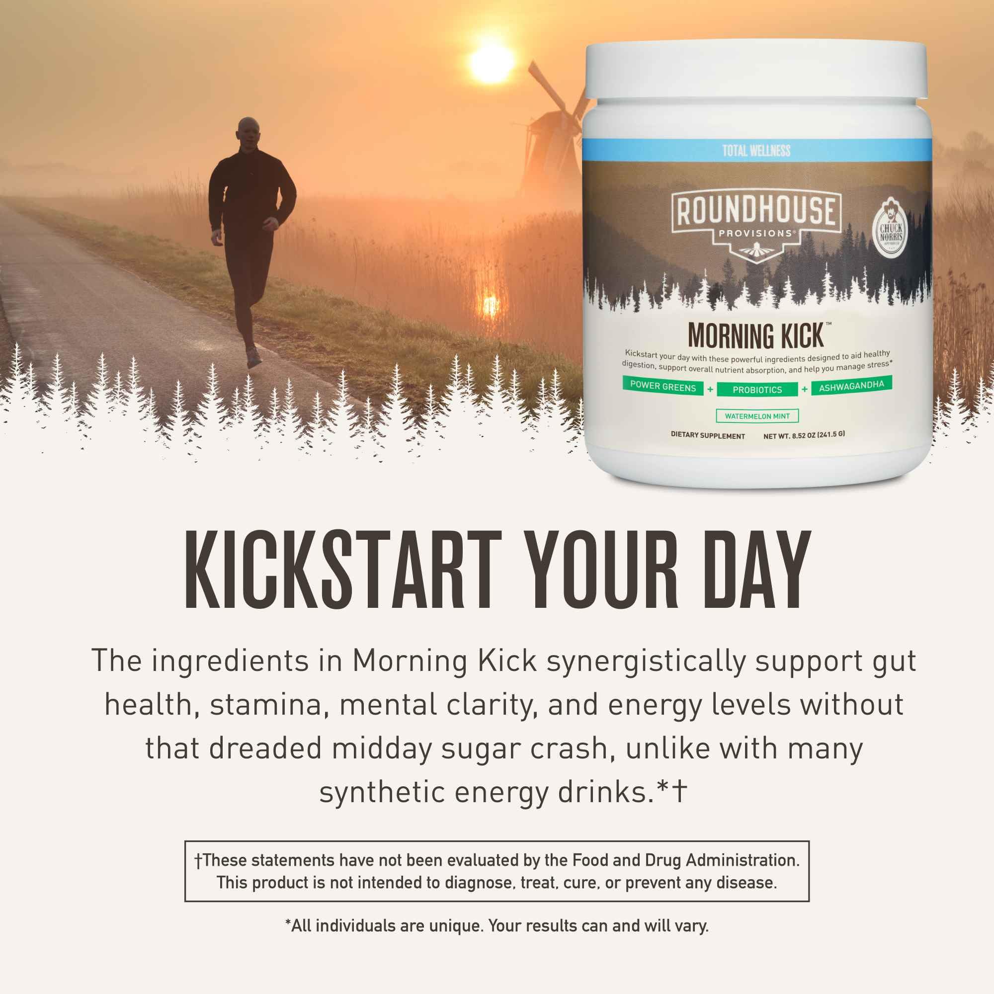ROUNDHOUSE PROVISION Morning Kick by Chuck Norris - Watermelon Mint Flavor - Greens Superfood Powder with Probiotics, Collagen Peptides & Ashwagandha to Help Support Gut & Joint Health, 3 Pack ROUNDHOUSE PROVISION buy australia supplements