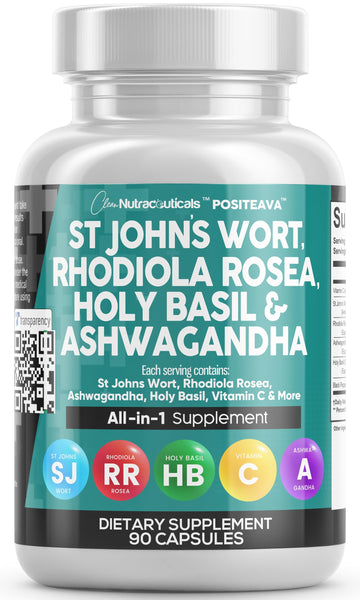 Clean Nutraceuticals St Johns Wort Rhodiola Rosea Holy Basil Ashwagandha - Mood Support for Women and Men with Vitamin C & Black Pepper Extract - 90 Caps Clean Nutraceuticals buy australia supplements