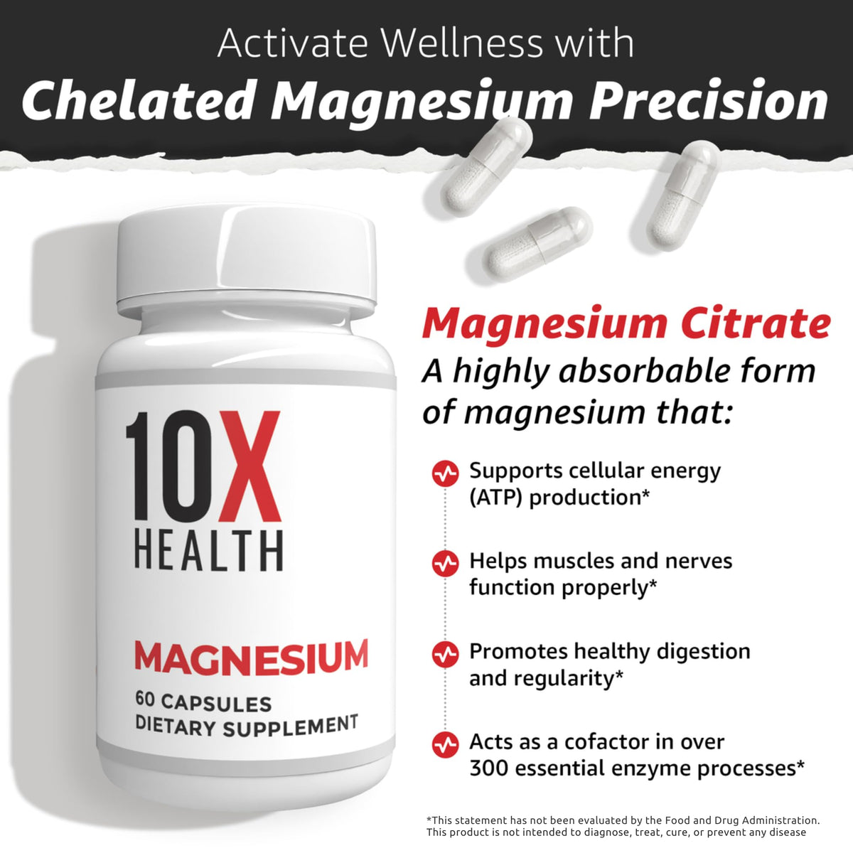 10X Health Magnesium Supplements - High-Absorption Magnesium Citrate for Sleep, Muscle & Nerve Support 10X Health System