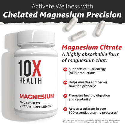 10X Health Magnesium Supplements - High-Absorption Magnesium Citrate for Sleep, Muscle & Nerve Support 10X Health System