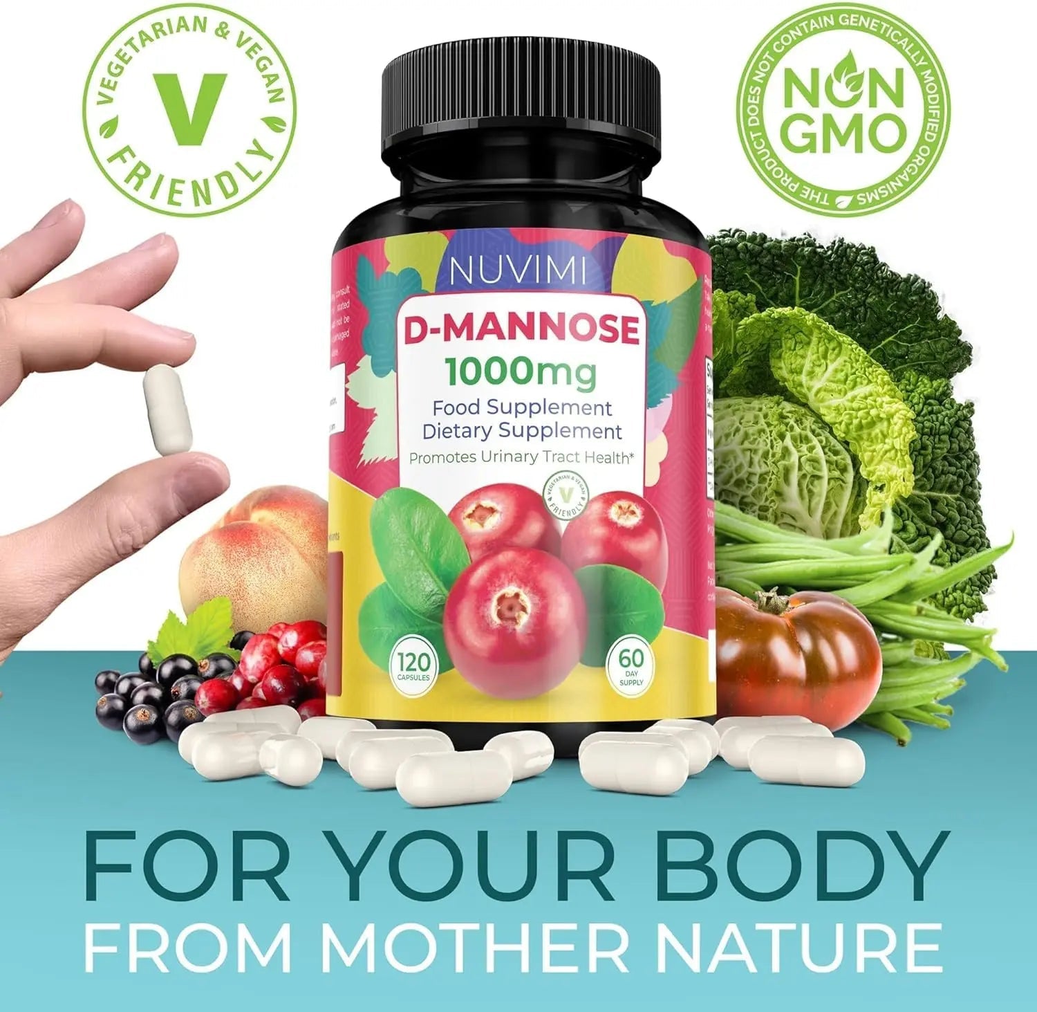 NUVIMI D Mannose 120 Capsules - 1000 mg per Dose - Dietary Supplement Helps Promote Urinary Tract Health - Natural Vegan UTI Defense NUVIMI buy australia supplements