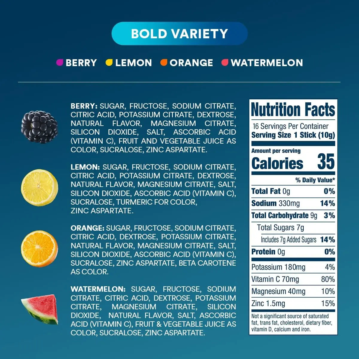 DripDrop Hydration Packets - Bold Variety Pack - Single Serve Electrolytes Powder Drink Mix - Watermelon, Berry, Lemon, Orange DripDrop