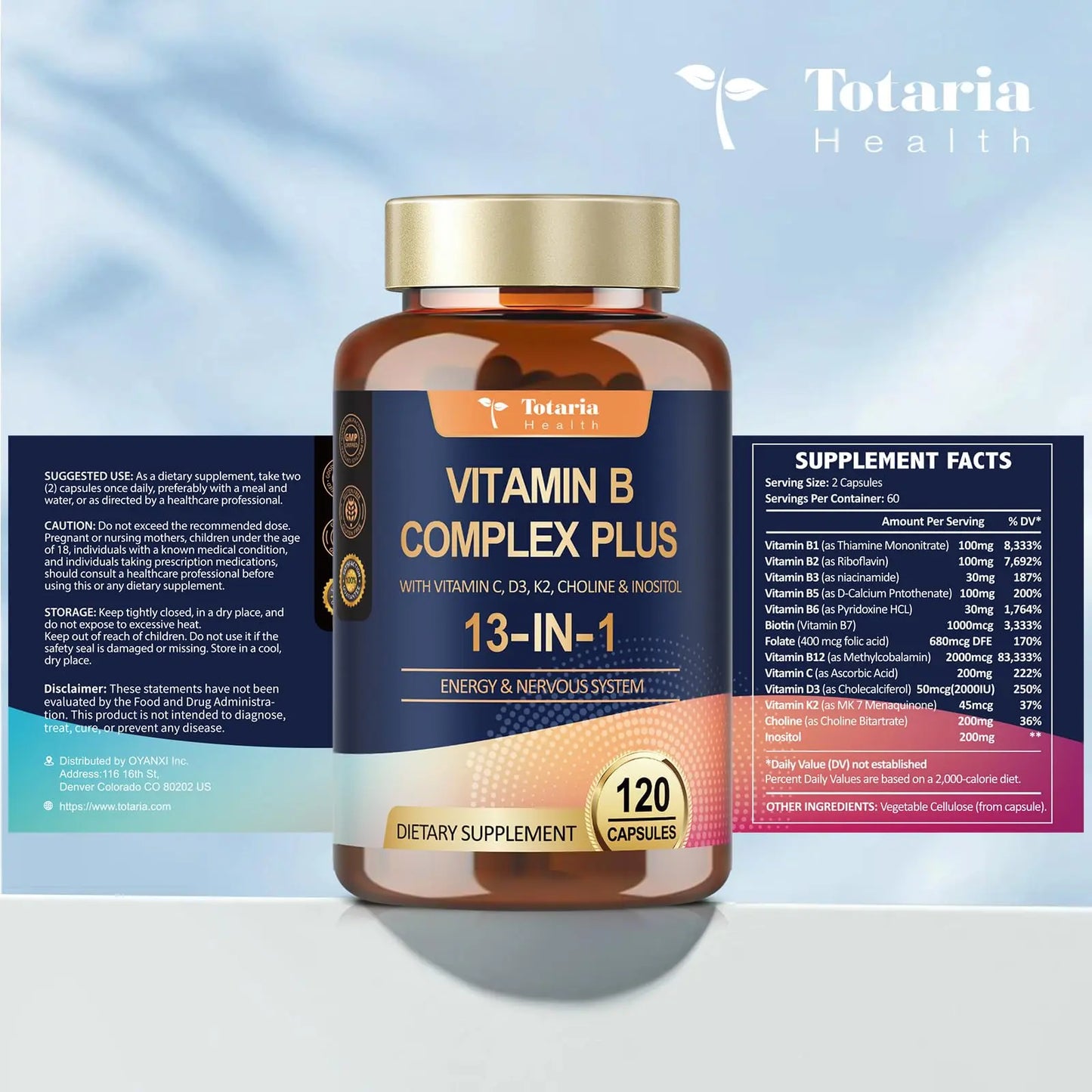 13-in-1 Vitamin B Complex Plus with Vitamin B1, B2, B3 (Niacinamide), B4, B5, B6, B7 (Biotin), B8 (Inositol), B9 (Folate), B12, C, D3, K2 - Energy, Nerve, Totaria