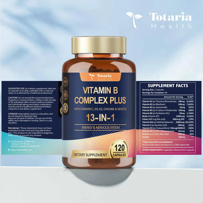 13-in-1 Vitamin B Complex Plus with Vitamin B1, B2, B3 (Niacinamide), B4, B5, B6, B7 (Biotin), B8 (Inositol), B9 (Folate), B12, C, D3, K2 - Energy, Nerve, Totaria