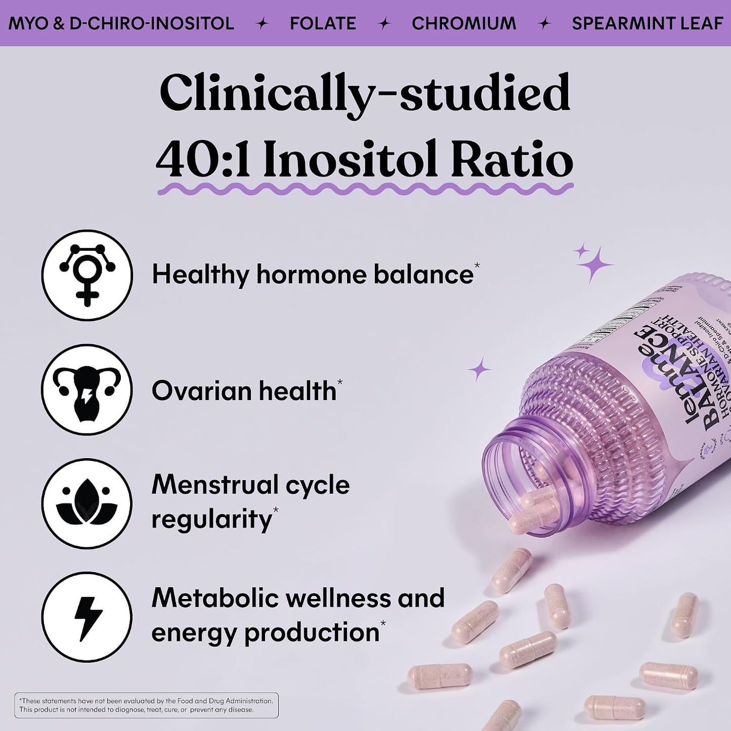 Lemme Balance Hormone Support Capsules for Women, Clinically-Studied 40:1 Myo & D-Chiro Inositol Blend to Support Hormone Management, w/Folate, Vitamin D3, Chromium & Spearmint, 90 Capsules