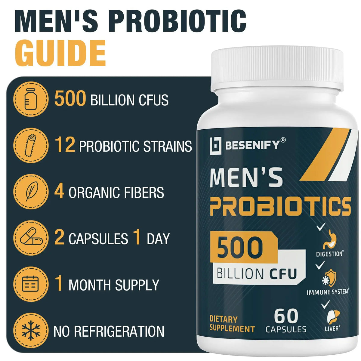 Probiotics for Men, 500 Billion CFUs & 12 Strains, Men's Probiotic with Turmeric, Cranberry, Goji - Probiotics for Digestive Health, Immune, Stomach, Besenify