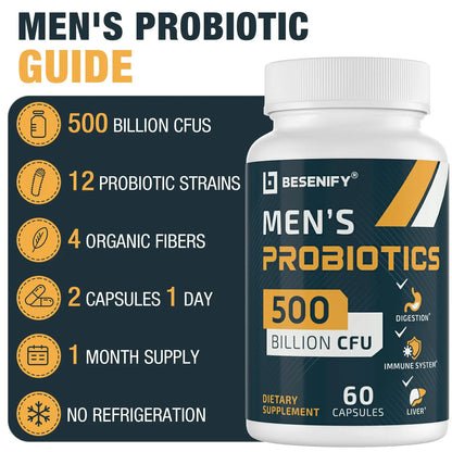 Probiotics for Men, 500 Billion CFUs & 12 Strains, Men's Probiotic with Turmeric, Cranberry, Goji - Probiotics for Digestive Health, Immune, Stomach, Besenify