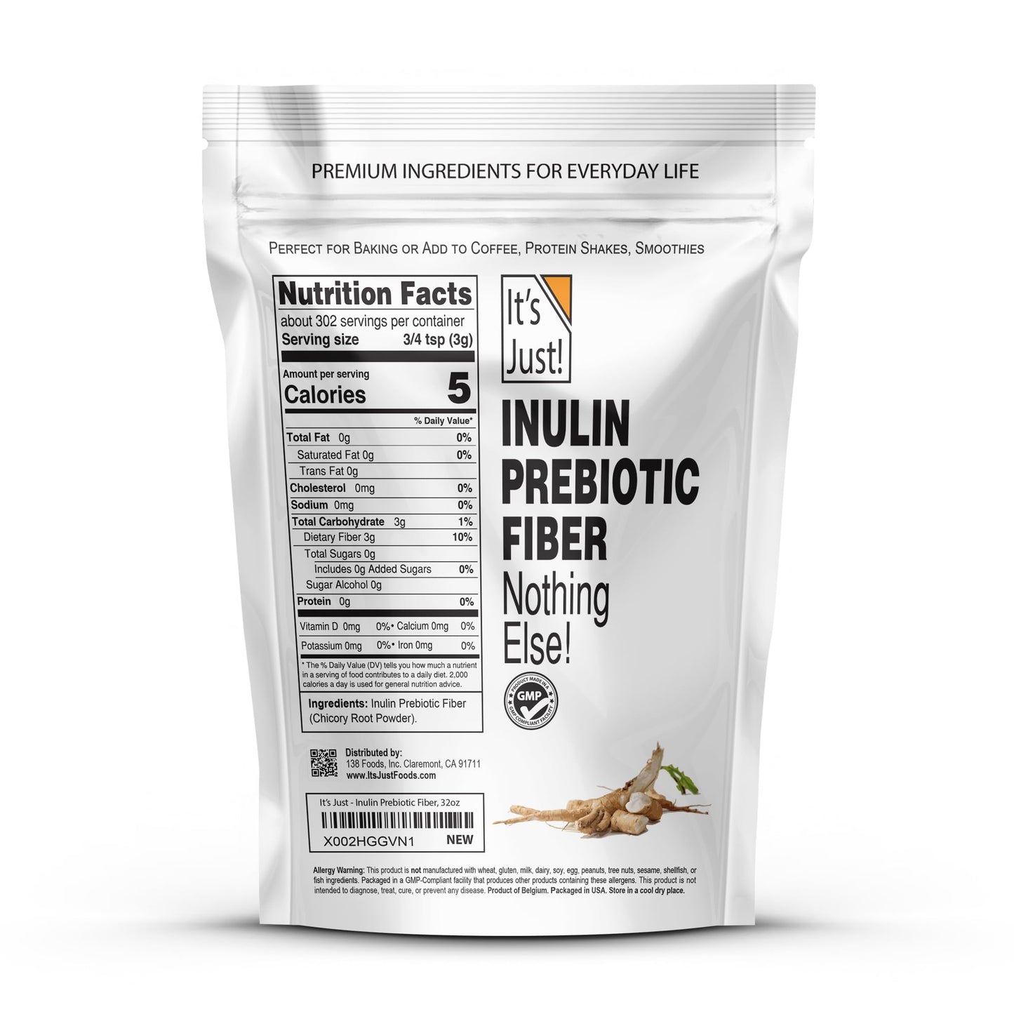 It's Just! - Inulin Prebiotic Fiber, Water Soluble, Chicory Root Powder, Promotes Gut Health, Made in USA, Product of Belgium, Vegan/Keto Friendly It's Just!