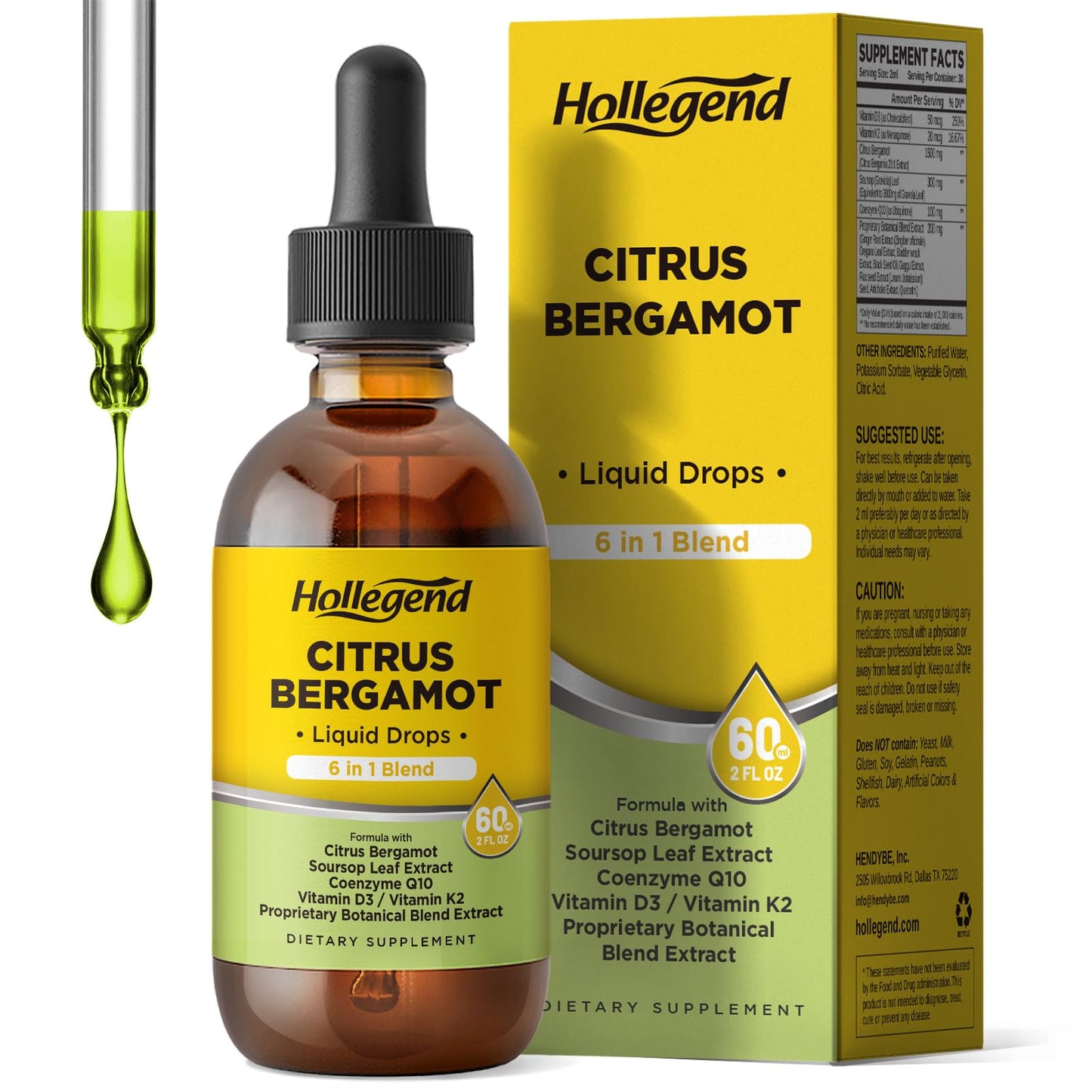 HOLLEGEND Citrus Bergamot Liquid Drops, Organic Citrus Bergamot 1000mg Supplement, Plus Soursop, CoQ10, Vitamin D3, K2, HOLLEGEND