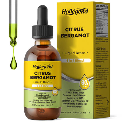 HOLLEGEND Citrus Bergamot Liquid Drops, Organic Citrus Bergamot 1000mg Supplement, Plus Soursop, CoQ10, Vitamin D3, K2, HOLLEGEND