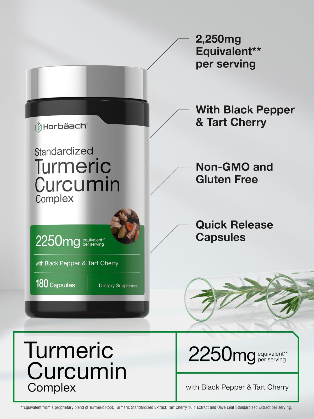 Horbäach Turmeric Curcumin Supplement | 180 Capsules | with Black Pepper & Tart Cherry | Non-GMO & Gluten Free Horbäach