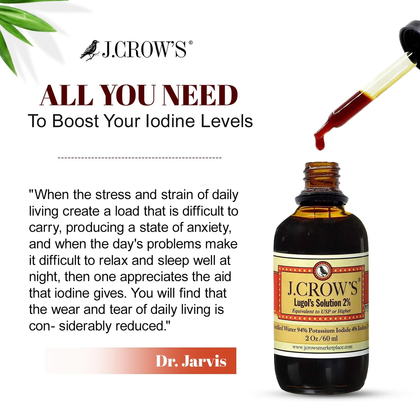 J.CROW'S® Lugol's Solution of Iodine 2% 2 oz (1 Bottle) – Premium Iodine & Potassium Iodide Liquid, Gluten J. CROW'S