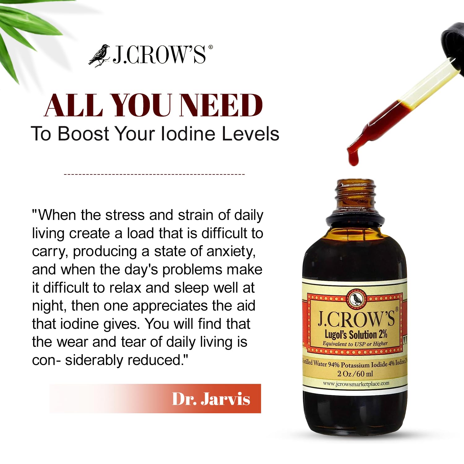 J.CROW'S® Lugol's Solution of Iodine 2% 2 oz (1 Bottle) – Premium Iodine & Potassium Iodide Liquid, Gluten J. CROW'S