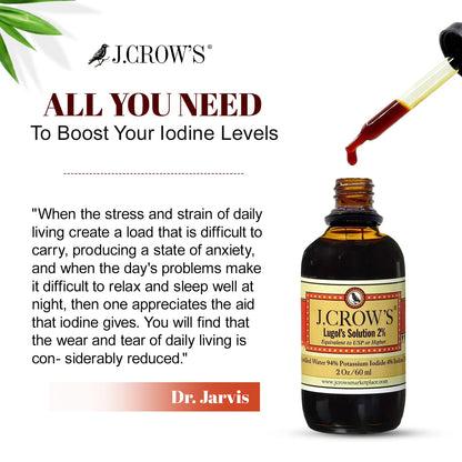 J.CROW'S® Lugol's Solution of Iodine 2% 2 oz (1 Bottle) – Premium Iodine & Potassium Iodide Liquid, Gluten J. CROW'S