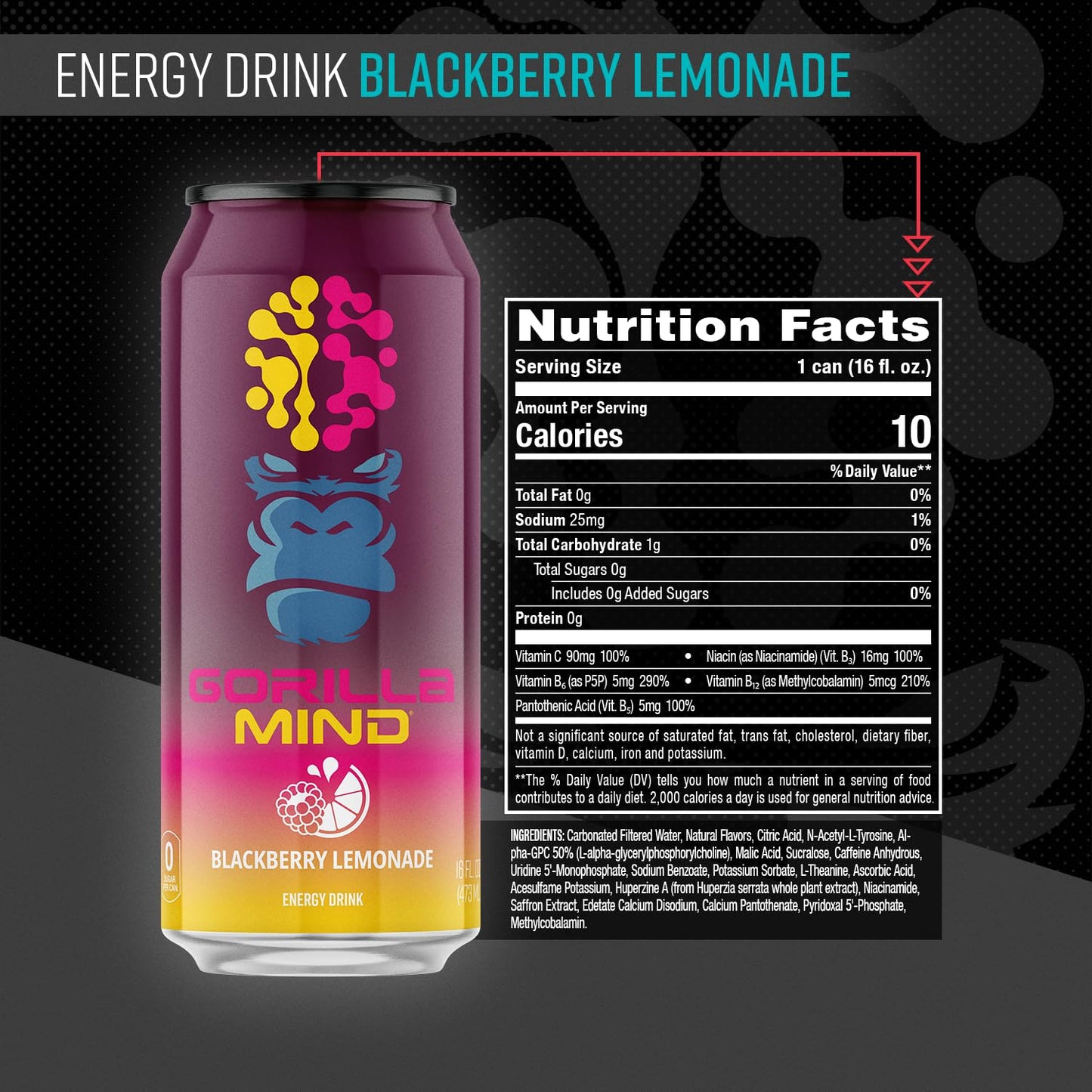 Gorilla Mind Energy Drink | Unmatched Energy · Amplified Focus | N-Acetyl-L-Tyrosine, Alpha-GPC, 200mg Caffeine, Uridine, Saffron | 0 Sugar Or Artificial Colors | 16oz, 12-Pack (Black Cherry Vanilla)