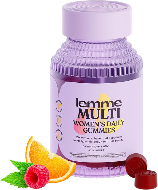 Lemme Women's Multivitamin Gummies, Daily Nutritional Support with Vitamins A, C, D, E, Biotin, Folic Acid, Zinc & Inositol, Bone, Brain, Skin & Immune Health, Raspberry Orange, 30-Day Supply