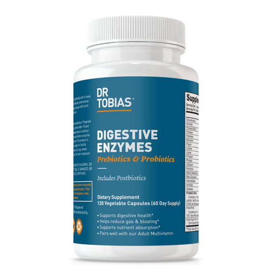Dr. Tobias Digestive Enzymes with Probiotics, Prebiotics and Postbiotics Bromelain, Amylase, Lipase, for Better Digestion & Immune Function, 60 Capsules, 30 Servings (2 Daily)