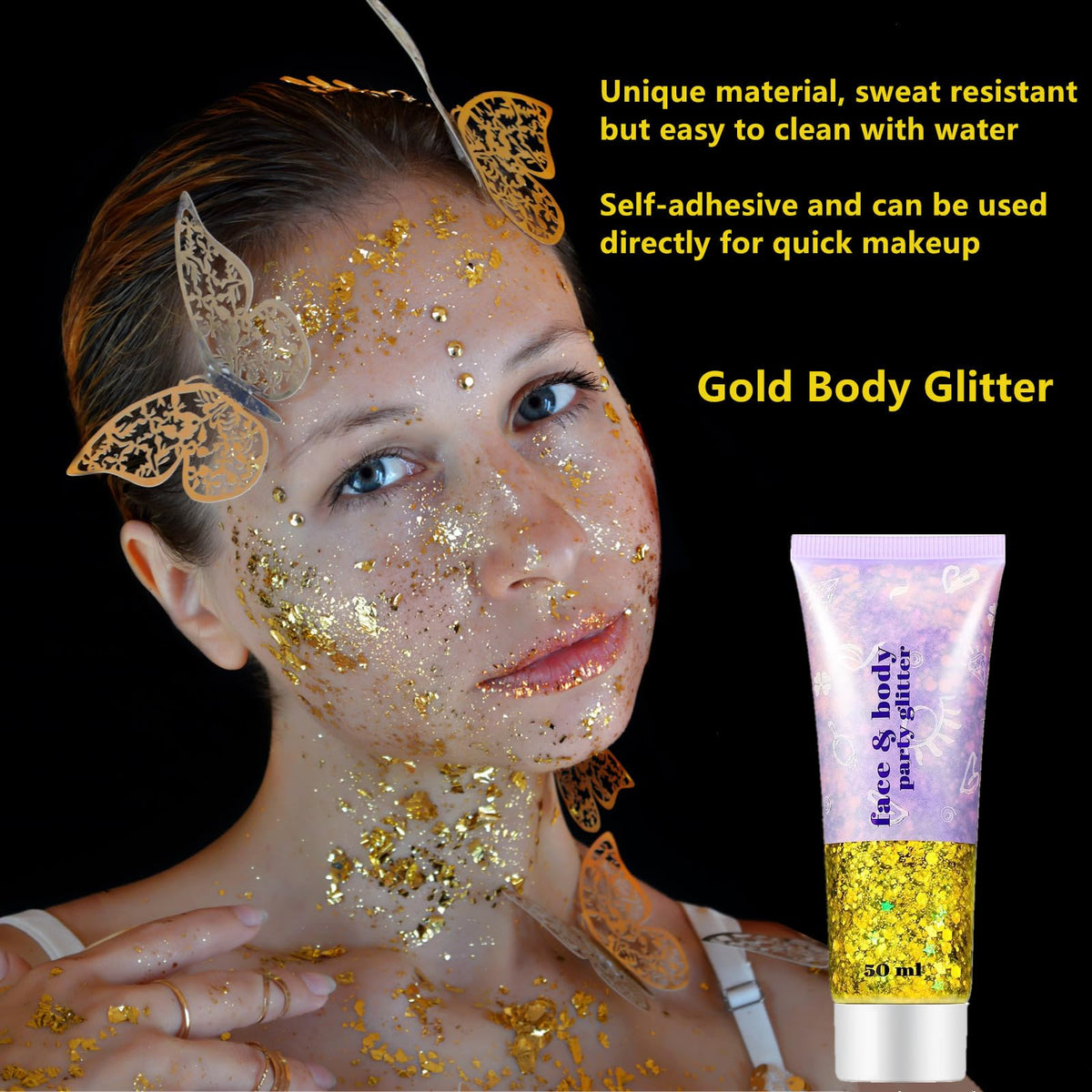 Go Ho Gold Face Body Glitter,Mardi Gras Glitter Makeup Gold Face Paint,Holographic Chunky Sequins Glitters for Eye Lip Hair Nails,Festival Rave Accessories,52g Go Ho