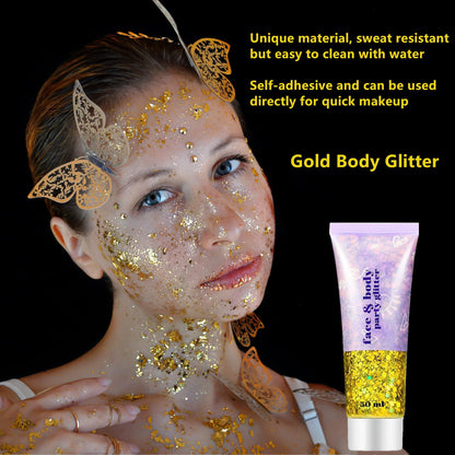 Go Ho Gold Face Body Glitter,Mardi Gras Glitter Makeup Gold Face Paint,Holographic Chunky Sequins Glitters for Eye Lip Hair Nails,Festival Rave Accessories,52g Go Ho