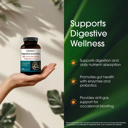 NatureBell Digestive Enzymes - 240 Capsules - Gut & Digestive Health Support Supplement* - with 20 Enzymes, NatureBell