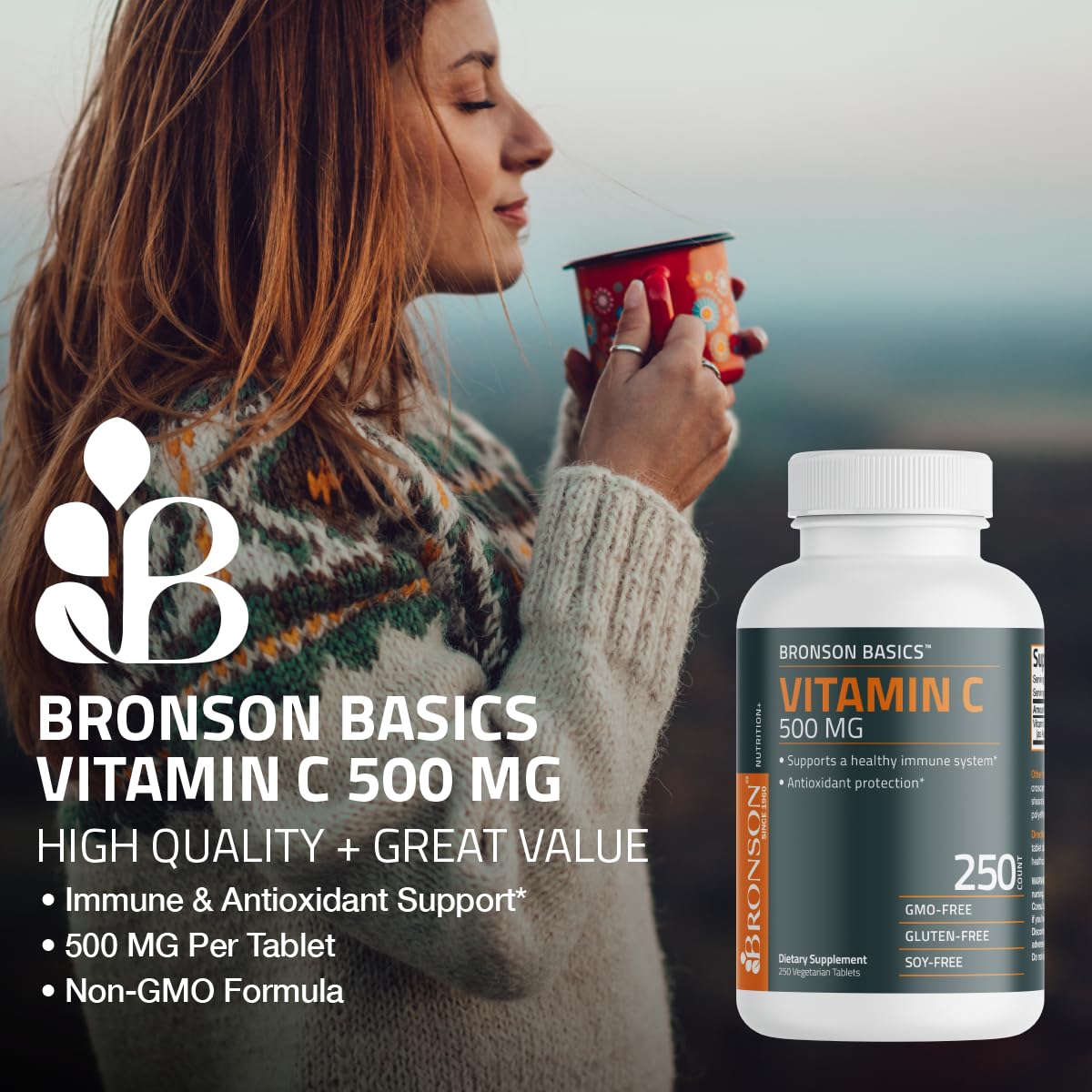 Bronson Vitamin C 500 MG Supports a Healthy Immune System & Antioxidant Protection, Non-GMO, 250 Vegetarian Tablets Bronson