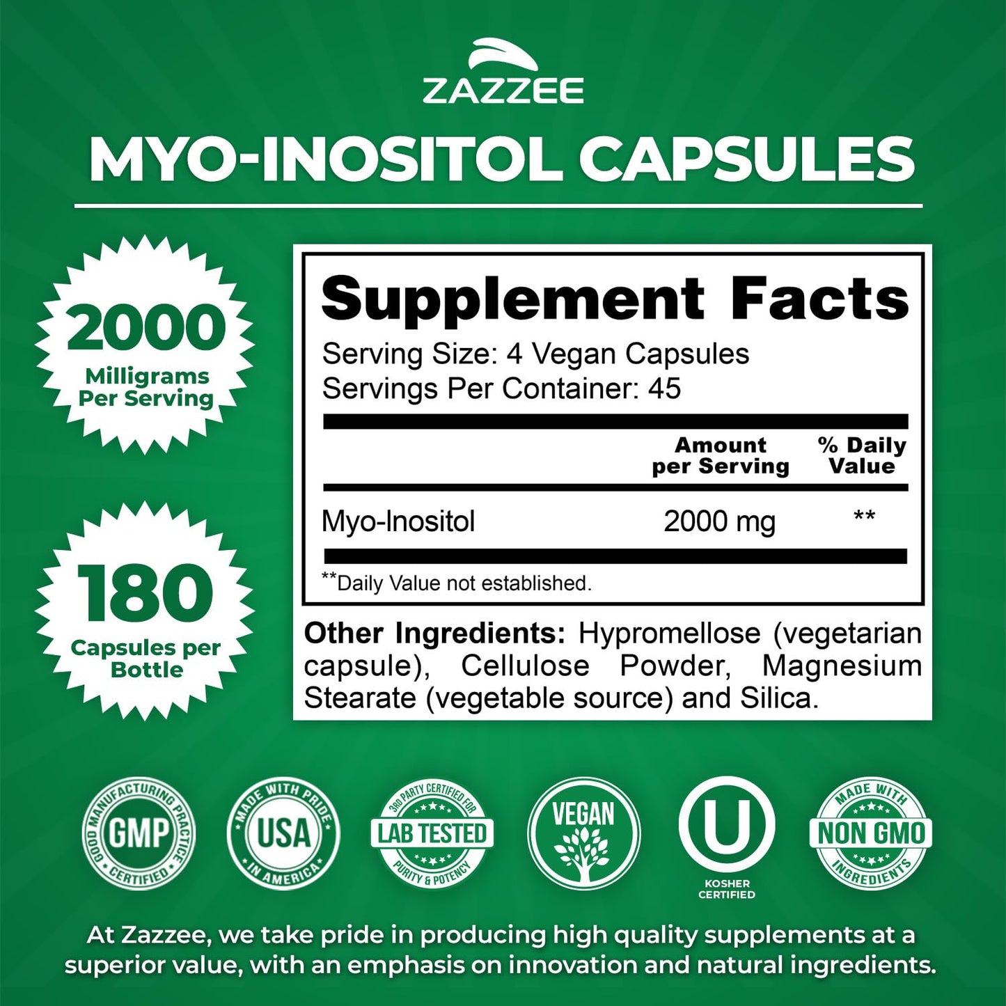 Zazzee Myo-Inositol Capsules, 2000 mg per Serving, 120 Vegan Capsules | Ideal Dosage for 40:1 Ratio, Certified Kosher, Hormone Balance & Healthy Ovarian Function Support, Non-GMO, Made in the USA Gsupps Australia