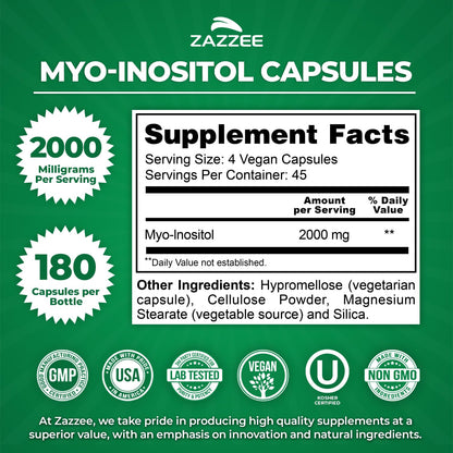 Zazzee Myo-Inositol Capsules, 2000 mg per Serving, 120 Vegan Capsules | Ideal Dosage for 40:1 Ratio, Certified Kosher, Hormone Balance & Healthy Ovarian Function Support, Non-GMO, Made in the USA Gsupps Australia