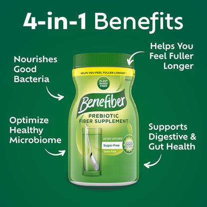 Benefiber Daily Prebiotic GLP-1 Friendly Fiber Supplement Powder for Digestive Health, Unflavored - 250 Teaspoons (17.6 Ounces) Benefiber