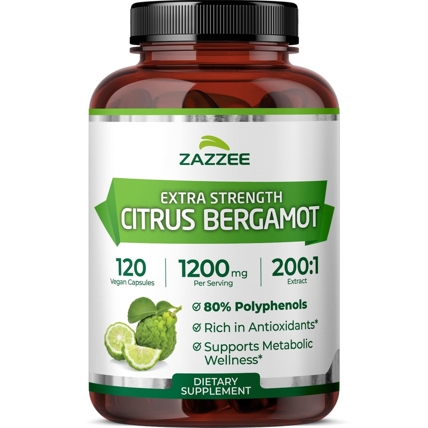 Zazzee Extra Strength Citrus Bergamot 200:1 Extract 1200 mg, 80% Polyphenols, 120 Vegan Capsules, Standardized 200X Potency Zazzee