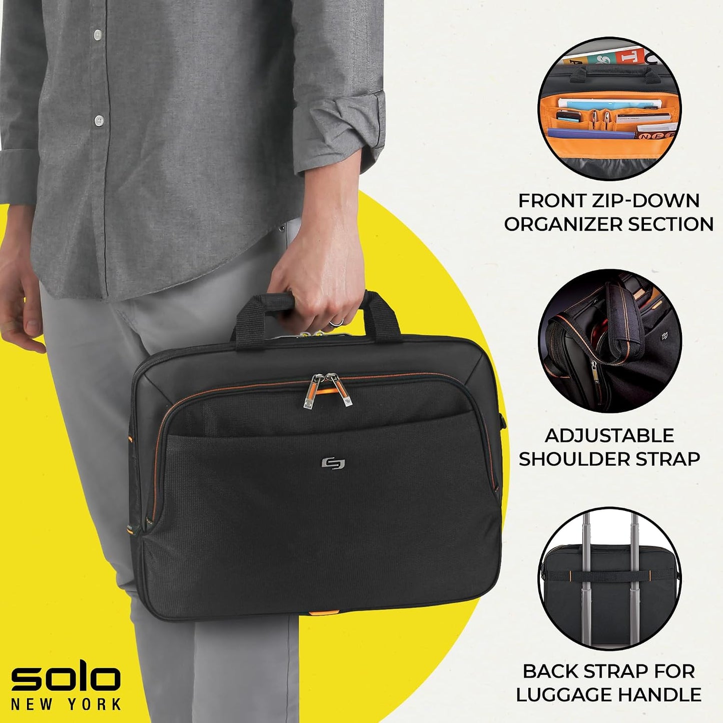 Solo New York Briefcase - 13.3" Laptop Carrying Bag for Women & Men, Brief for Travel & Work - Ace Slim, Black & Orange Gsupps Australia