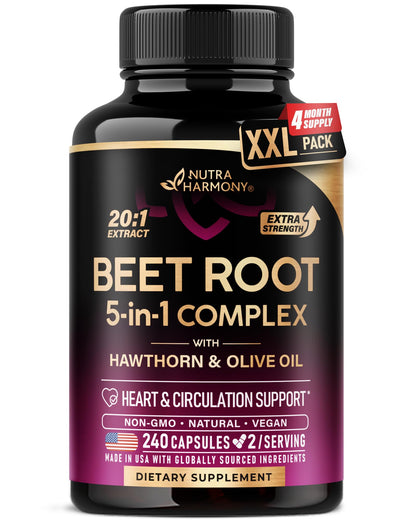 Beet Root 5-in-1 Complex Capsules - Healthy Blood Pressure Support Supplement** for Heart & Circulation Support - with Hawthorn Berry, Hibiscus & Garlic NUTRAHARMONY