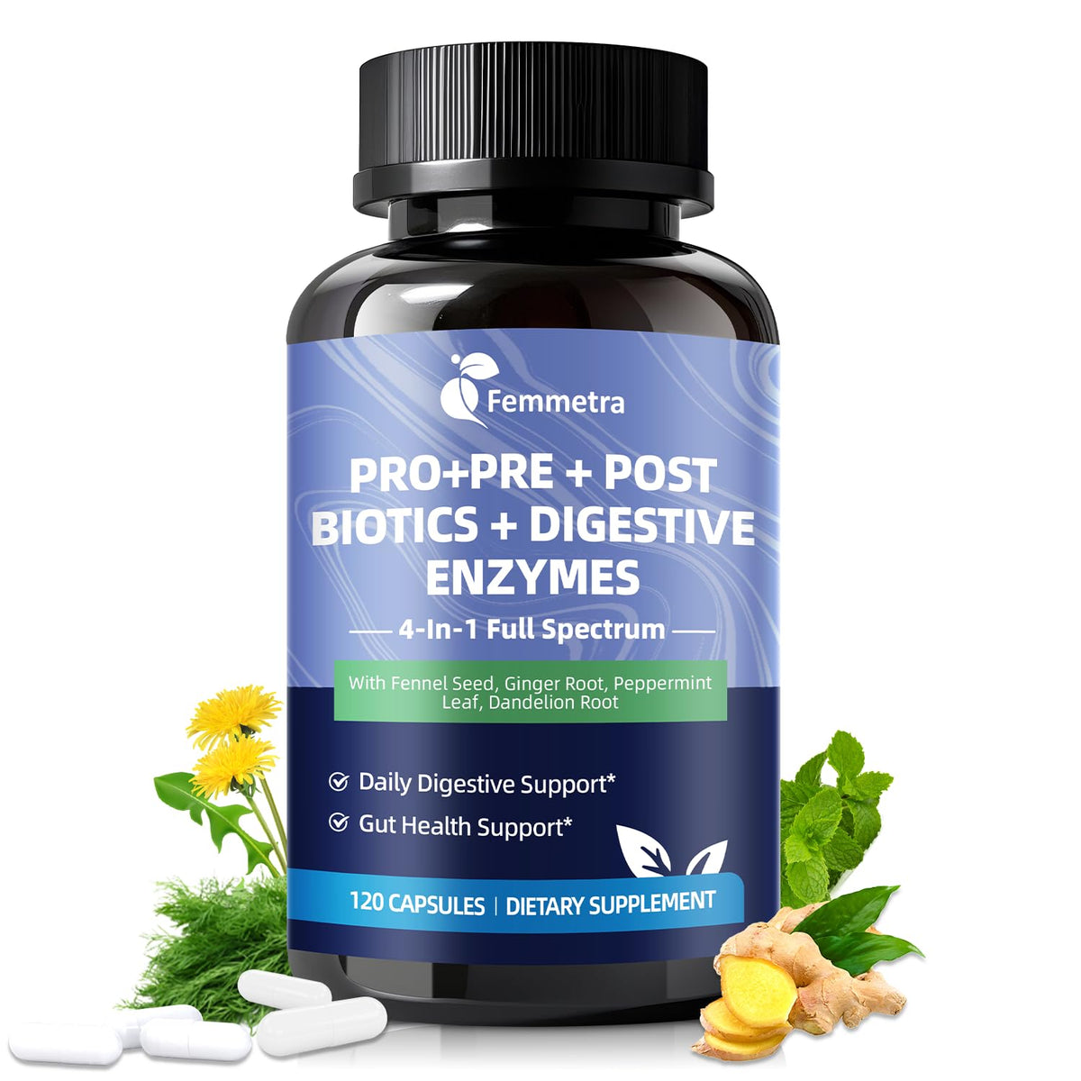 Ultra Probiotics for Women Men 200 Billion CFU - 36 Strains 14 Digestive Enzymes, 4 Anti-Bloat Herbs, 3 Prebiotic Fibers & 4 Postbiotics, Gut, Digestive, Regularity Femmetra