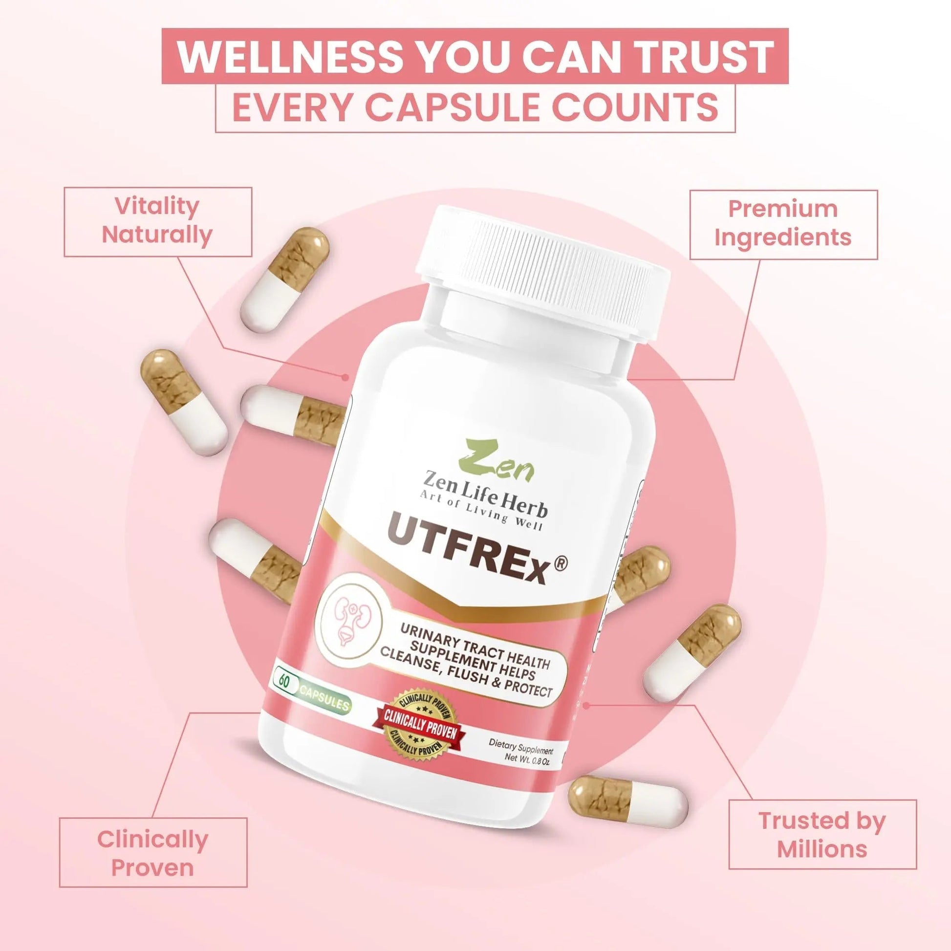 ZEN LIFE HERB UTFREx – Fast Acting - Promotes Urinary Tract Health Supports Healthy Immune and Urinary System, No Vitamins, Minerals, Prebiotics, Sugar, Plant-Based Supplement (60 Capsules) ZEN LIFE HERB buy australia supplements