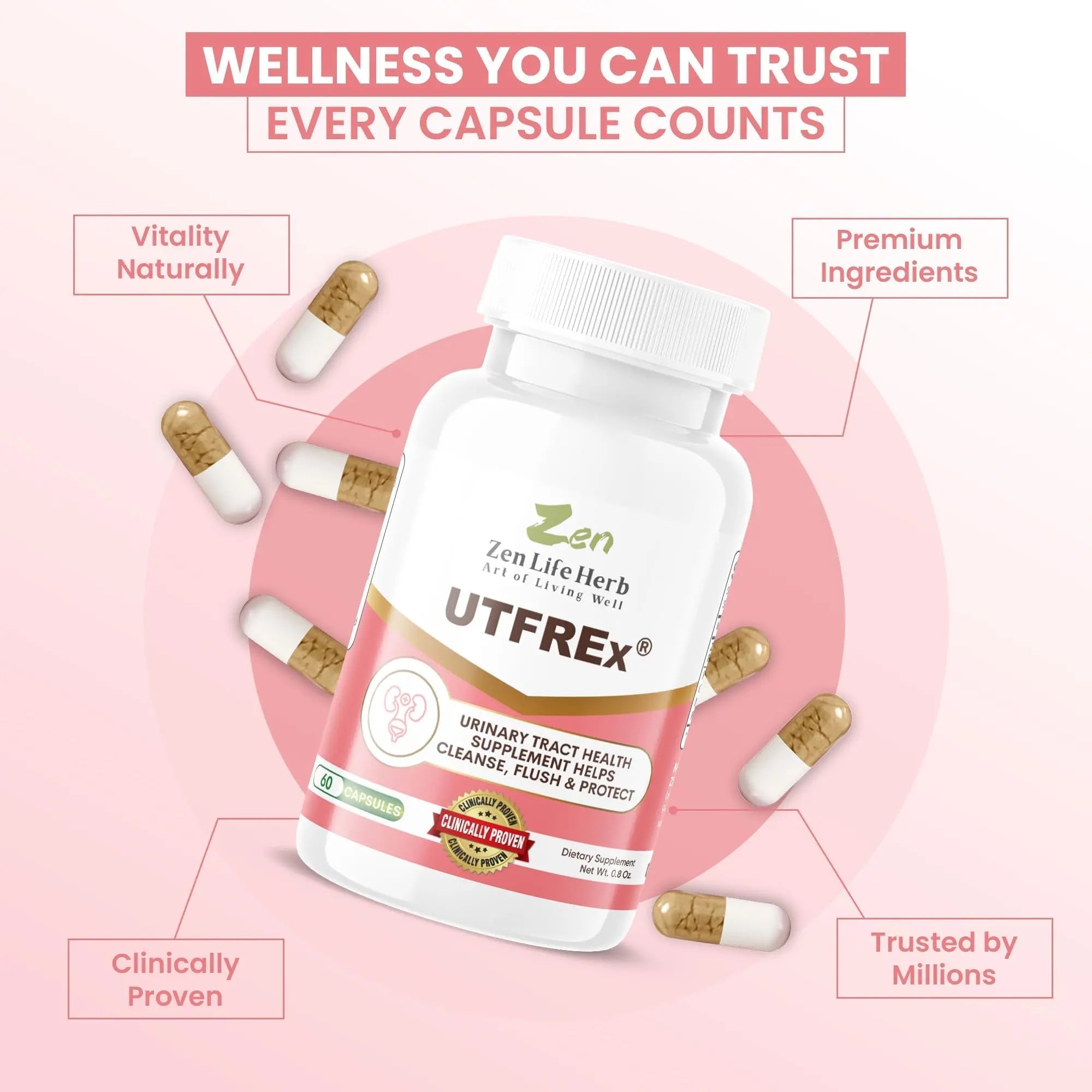 ZEN LIFE HERB UTFREx – Fast Acting - Promotes Urinary Tract Health Supports Healthy Immune and Urinary System, No Vitamins, Minerals, Prebiotics, Sugar, Plant-Based Supplement (60 Capsules) ZEN LIFE HERB buy australia supplements
