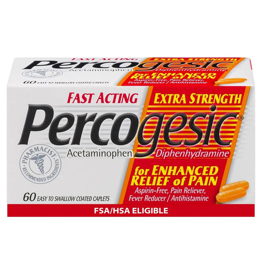 Percogesic Extra Strength Acetaminophen & Diphenhydramine Pain Relief, Fast-Acting Aspirin-Free Fever Reducer & Antihistamine, 60 Count Percogesic