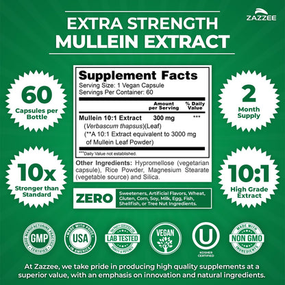 Zazzee Extra Strength Mullein Leaf 10:1 Extract, 120 Vegan Capsules | 4 Month Supply, Respiratory & Lung Support, Certified Kosher, 100% Pure Leaf Powder, Verbascum Thapsus, Non-GMO, Made in USA Gsupps Australia