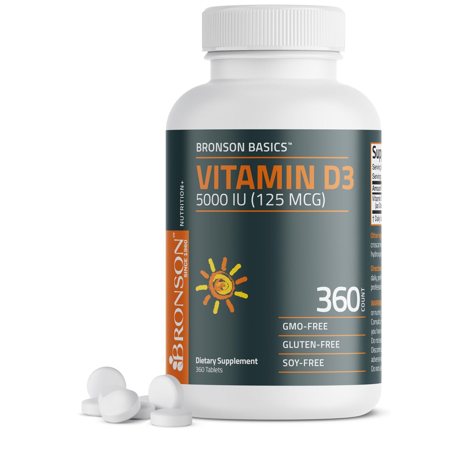Bronson Vitamin D3 5000iu (125mcg) Healthy Muscle Function and Immune Support, Non-GMO, 360 Tablets Bronson