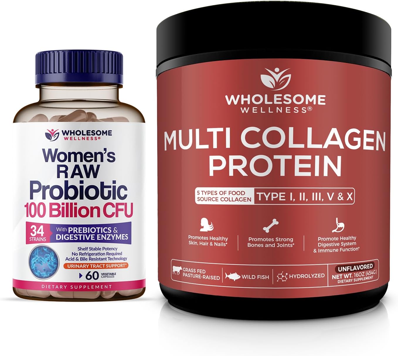 Wholesome Wellness Probiotics for Women 100 Billion CFUs with Prebiotics, Digestive Enzymes + Multi Collagen Protein Powder Hydrolyzed (Type I II III V X) Bundle Gsupps Australia