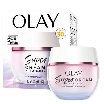 Olay Super Cream with Sunscreen SPF 30, Lightweight Face Moisturizer with Sun Protection, 5-in-1 Skin Care Benefits - Hydrating, Brightening, Firming - Niacinamide, Vitamin C, Collagen Peptide, 1.7 oz Olay