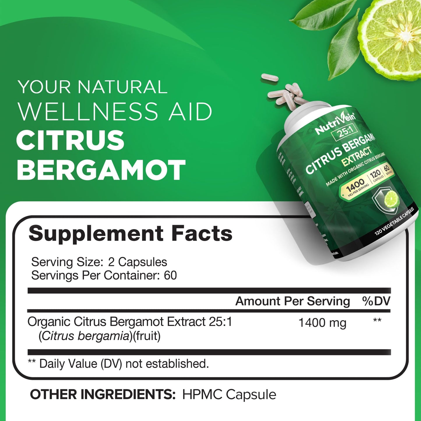Nutrivein Premium Citrus Bergamot Supplement 1400mg 25:1 Bergamia Extract - 60 Day Supply (120 Capsules): Powerful Italian Citrus Bergamot 1400 mg+ Nutrivein