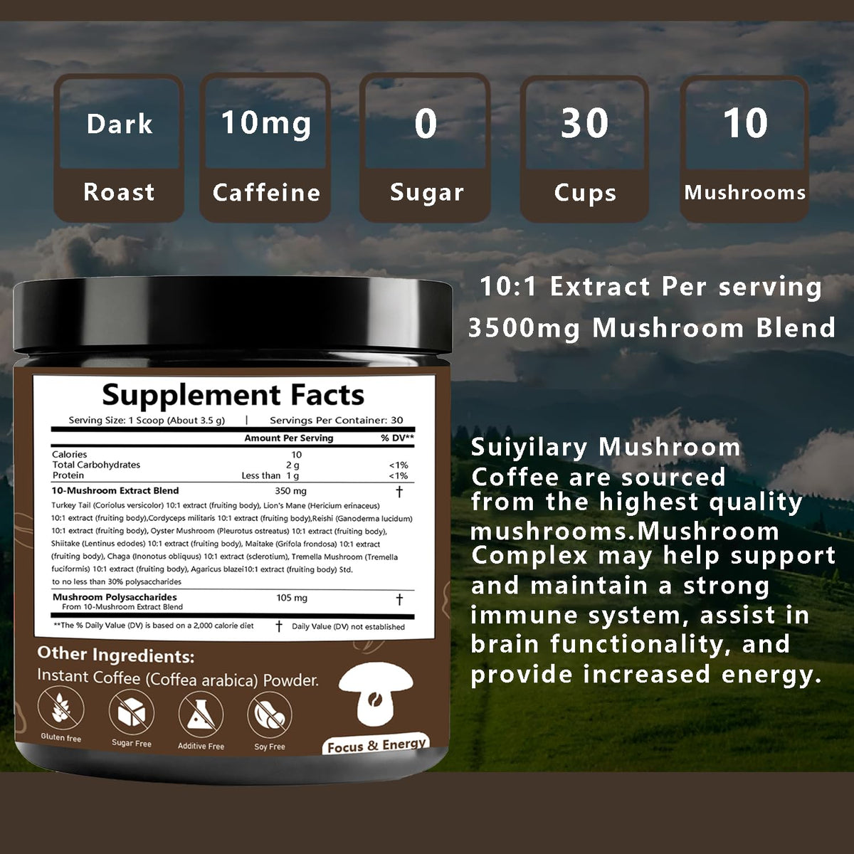 Suiyilary 10 Mushroom Coffee with Arabica w, Lion's Mane, Reishi, Mushroom Polysaccharides & More, Instant Mushrooms Powder for Focus, Immunity Boost, Suiyilary