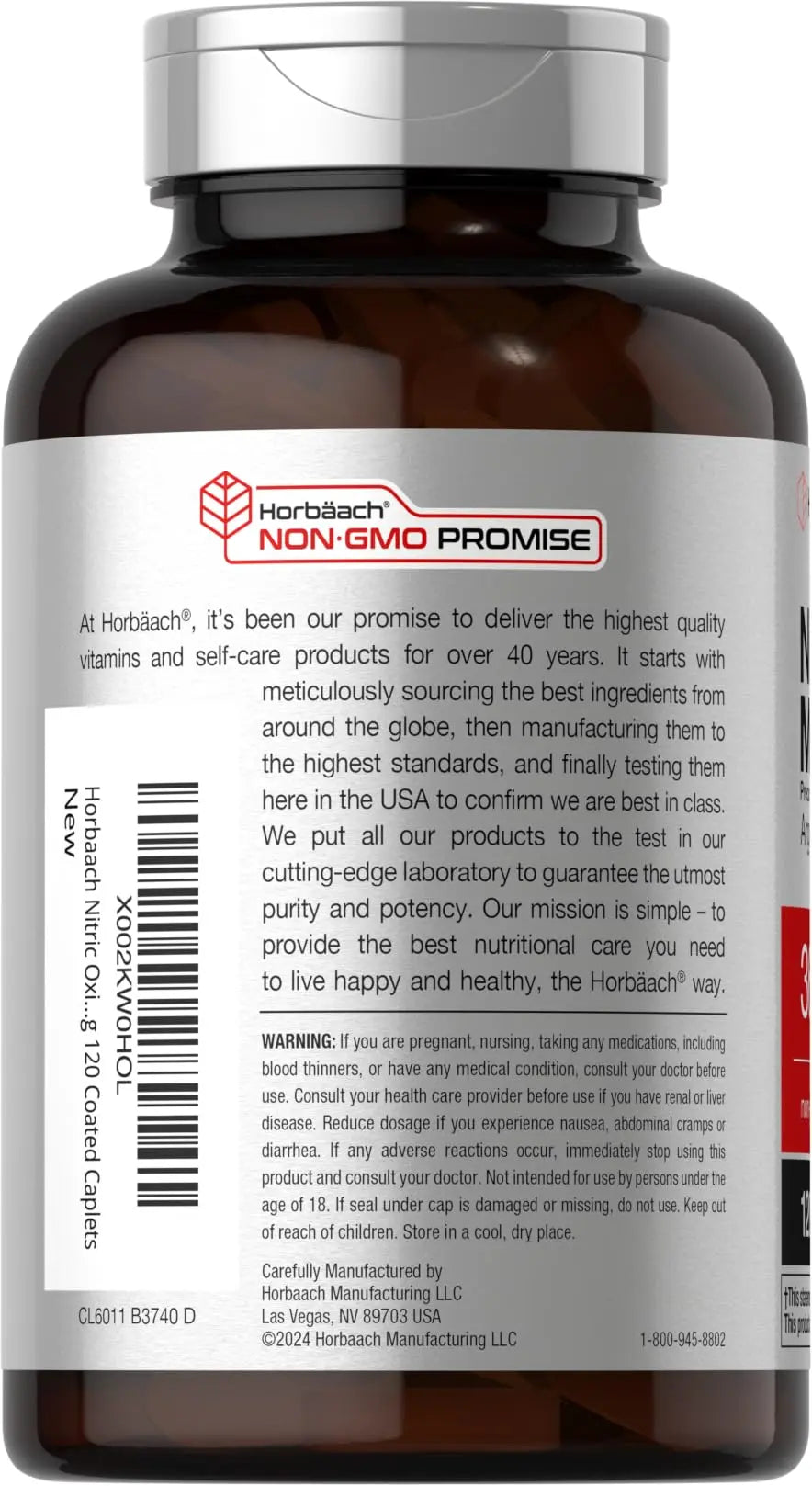 Horbäach Nitric Oxide Max 3600mg | 120 Caplets | with Arginine AAKG for Men and Women | Vegetarian, Non-GMO Horbäach