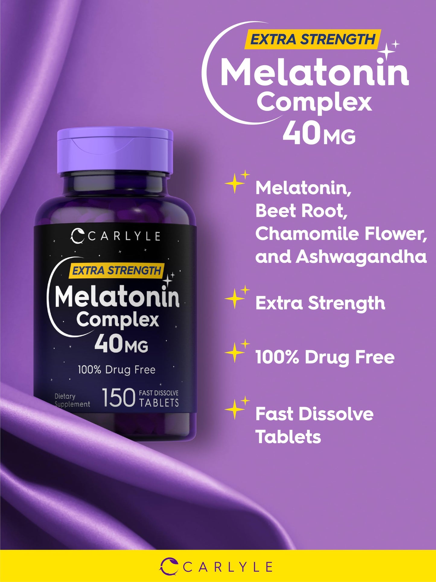 Carlyle Melatonin 40mg Complex | 150 Fast Dissolve Tablets | Extra Strength Support | with Ashwagandha and Chamomile | Vegetarian, Non-GMO, Gluten Free Supplement Carlyle