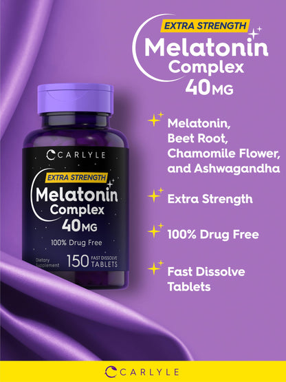 Carlyle Melatonin 40mg Complex | 150 Fast Dissolve Tablets | Extra Strength Support | with Ashwagandha and Chamomile | Vegetarian, Non-GMO, Gluten Free Supplement Carlyle