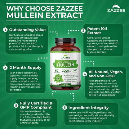 Zazzee Extra Strength Mullein Leaf 10:1 Extract, 120 Vegan Capsules | 4 Month Supply, Respiratory & Lung Support, Certified Kosher, 100% Pure Leaf Powder, Verbascum Thapsus, Non-GMO, Made in USA Gsupps Australia
