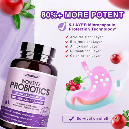 ZEBORA Probiotics for Women Digestive Health with Enzymes & Prebiotics 100 Billion CFUs| Vaginal Probiotics with D Mannose & Cranberry | Urinary Tract Health ZEBORA