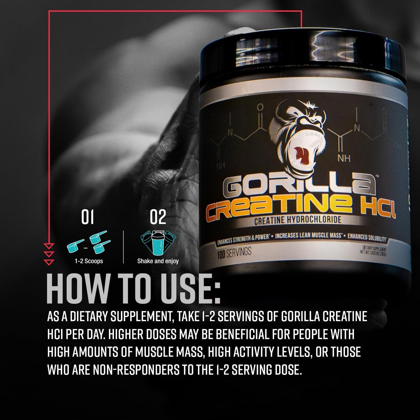 Gorilla Mind CON-CRĒT® Creatine HCl W/Pepsin, Unflavored | GI-Friendly Alternative | Muscle Size, Power Output, Strength, Brain Health & Performance | Convenient 2.5 Grams per Serving, 100 Servings