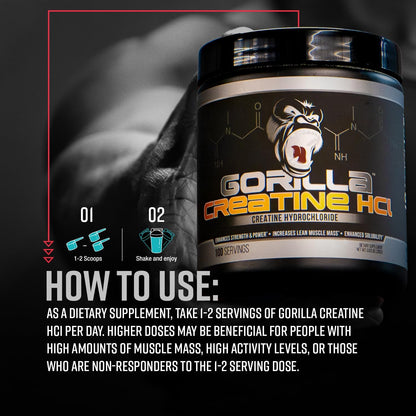 Gorilla Mind CON-CRĒT® Creatine HCl W/Pepsin, Unflavored | GI-Friendly Alternative | Muscle Size, Power Output, Strength, Brain Health & Performance | Convenient 2.5 Grams per Serving, 100 Servings