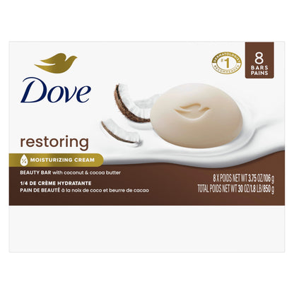 Dove Restoring Beauty Bar Soap, Coconut & Cocoa Butter, I 8 Count 3.75 oz Dove